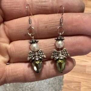 VINTAGE FAUX PEARL AND IRIDESCENT GREEN BEADED ANGEL HOOK 1.9"  EARRINGS